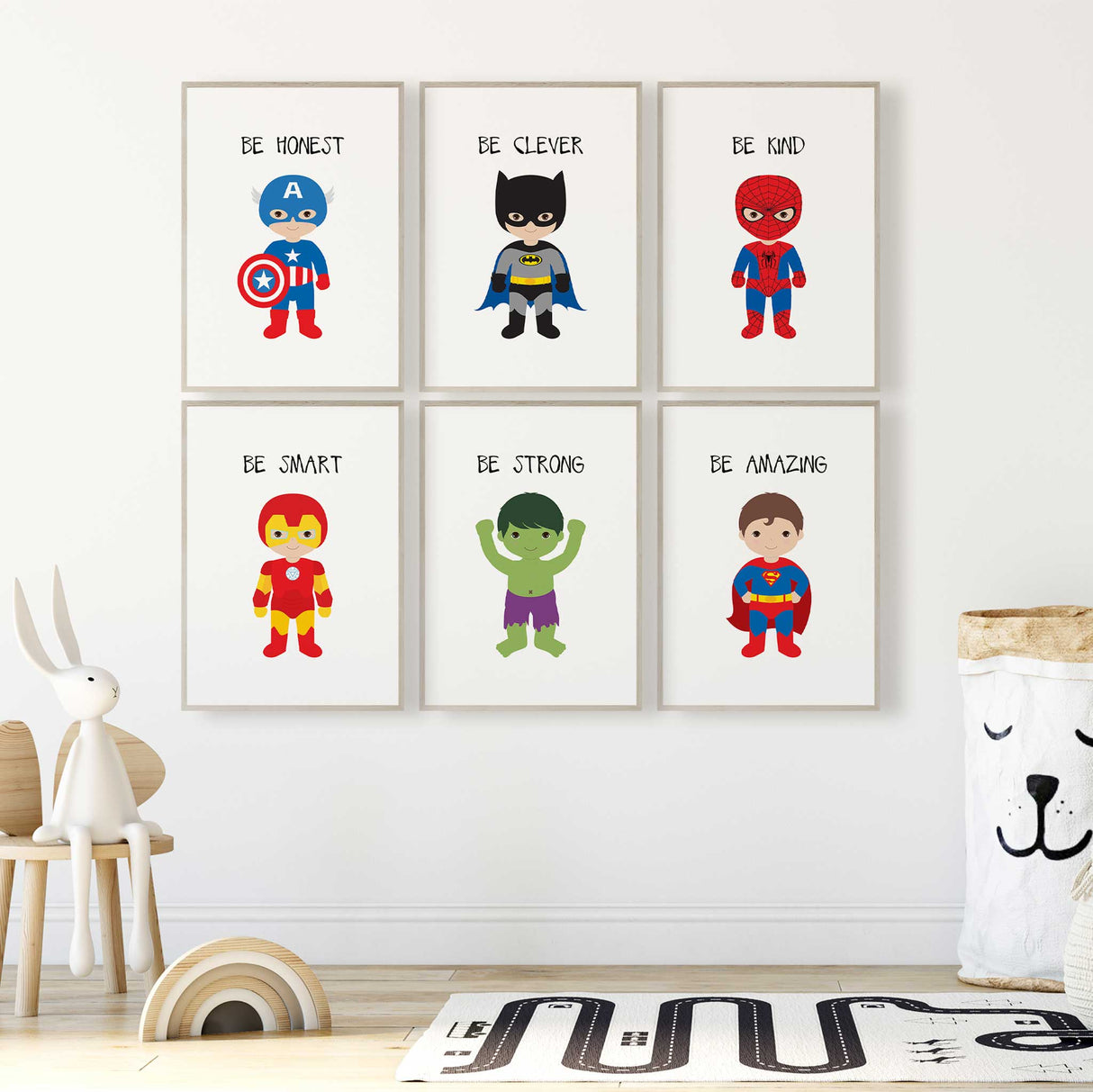 Superhero-themed nursery prints with bold colors and comic-style graphics, perfect for inspiring adventure and creativity in kids rooms.