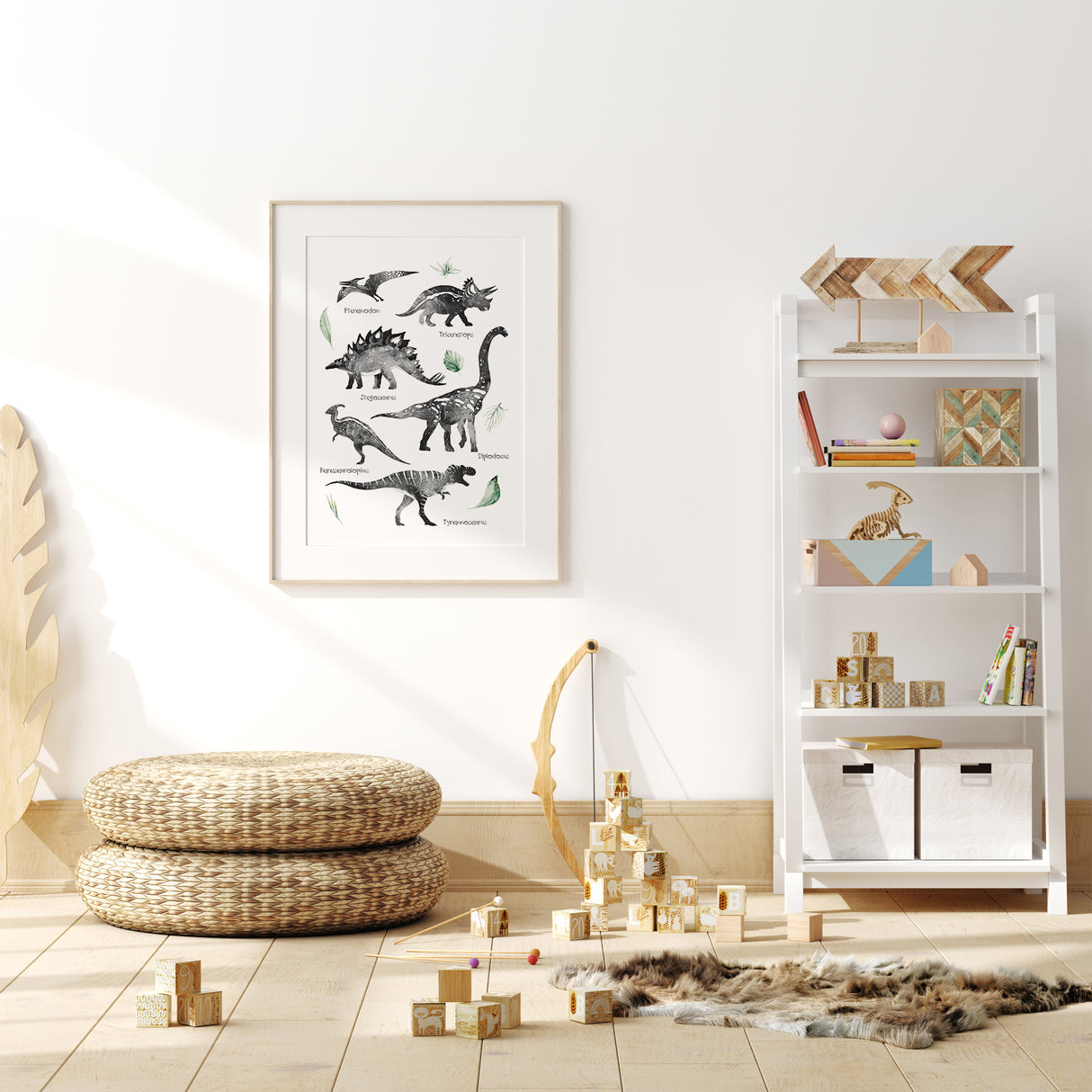 Boys dinosaur room wall print with educational dinosaur illustrations and name labels.
