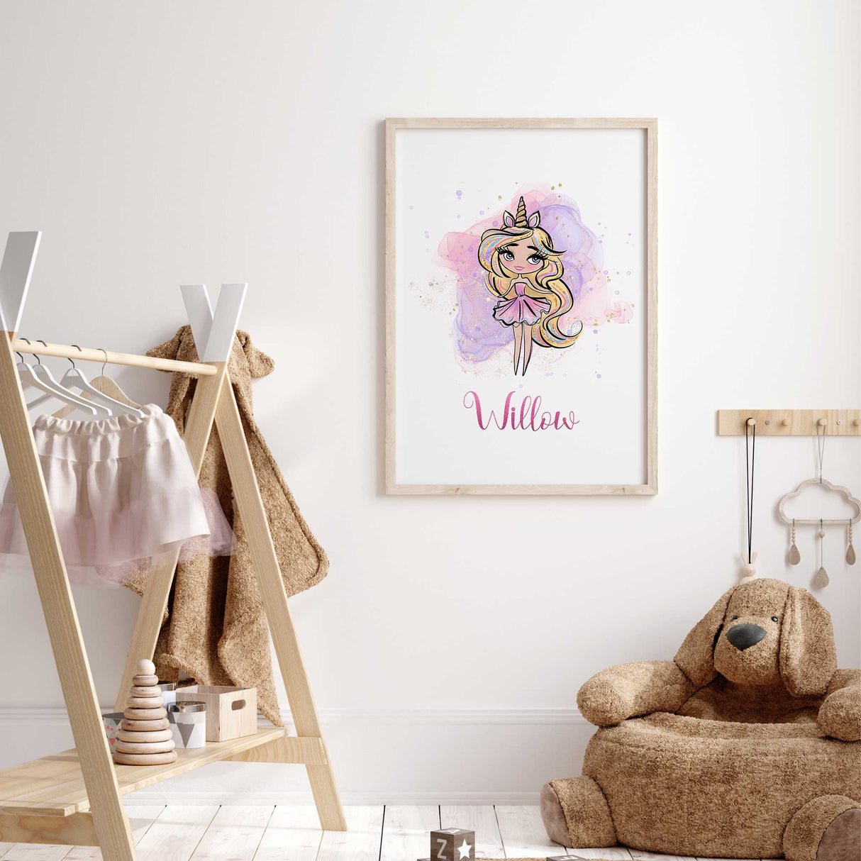 Cute unicorn art print for girl's bedroom with glitter and soft colours