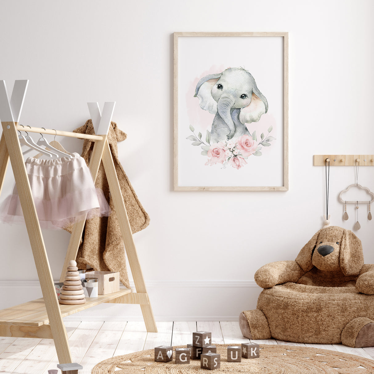 Cute baby elephant with pink roses, watercolor nursery art