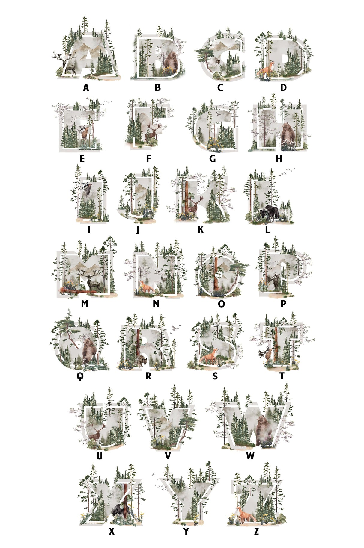 A to Z woodland initial designs featuring bears, deer, forests and mountains for the personalised name print