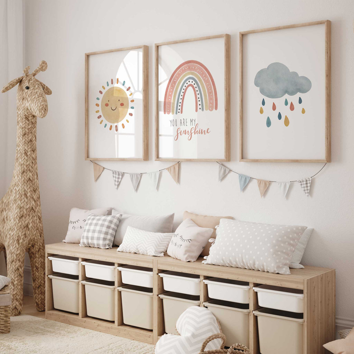 Set of 3 kids prints featuring sun, rainbow and cloud for nursery or playroom wall decor