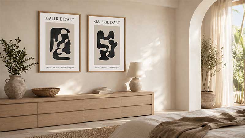 Two abstract wall art prints with black organic shapes, beige panels, cream margins and French gallery lettering.