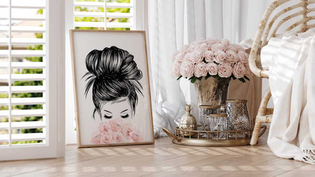 Fashion wall art featuring a stylish perfume bottle and elegant floral design, perfect for dorms, bedrooms, or home office decor.