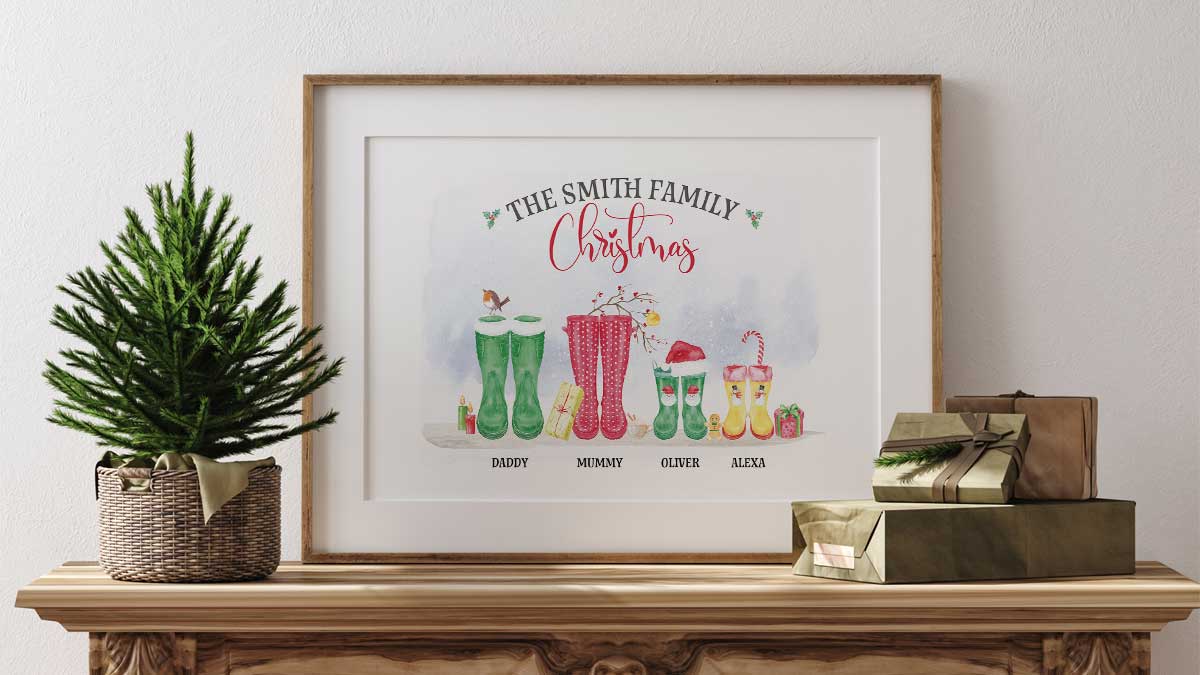 Personalised Christmas wall art collection featuring festive family prints and holiday designs