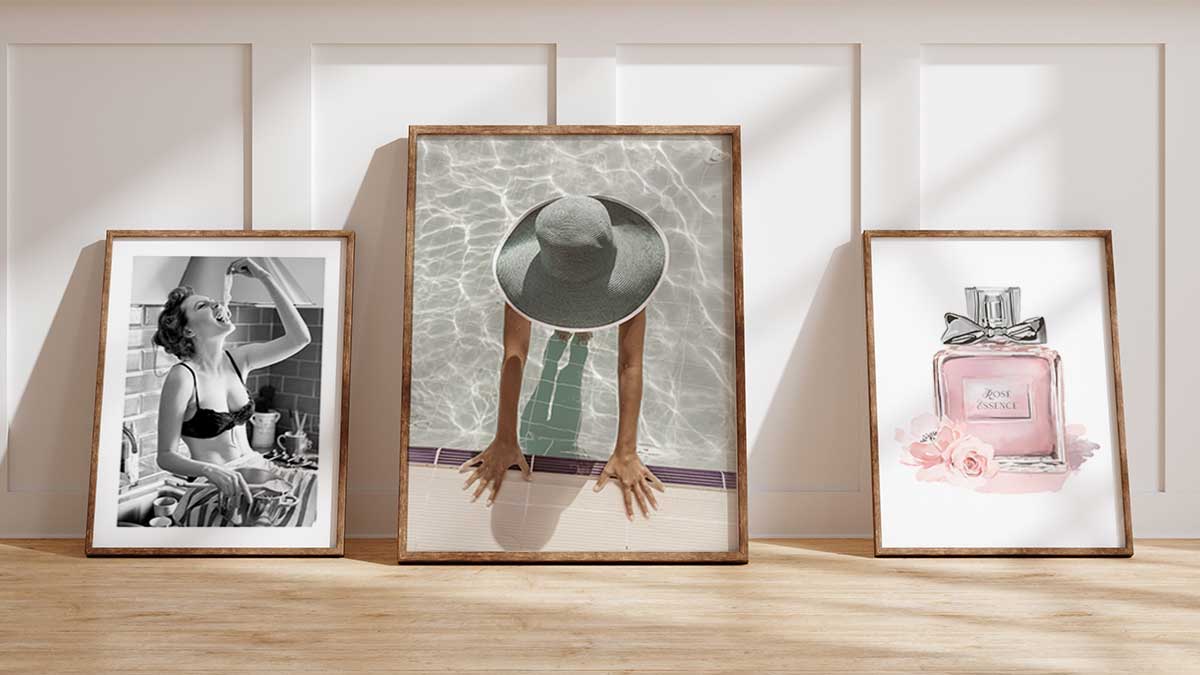 Fashion and beauty wall art collection featuring perfume bottle illustrations, dress artwork and sunhat photography.