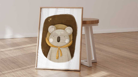 Australian animal nursery wall art in gender neutral style, featuring soft tones and playful design for baby or kids’ room decor