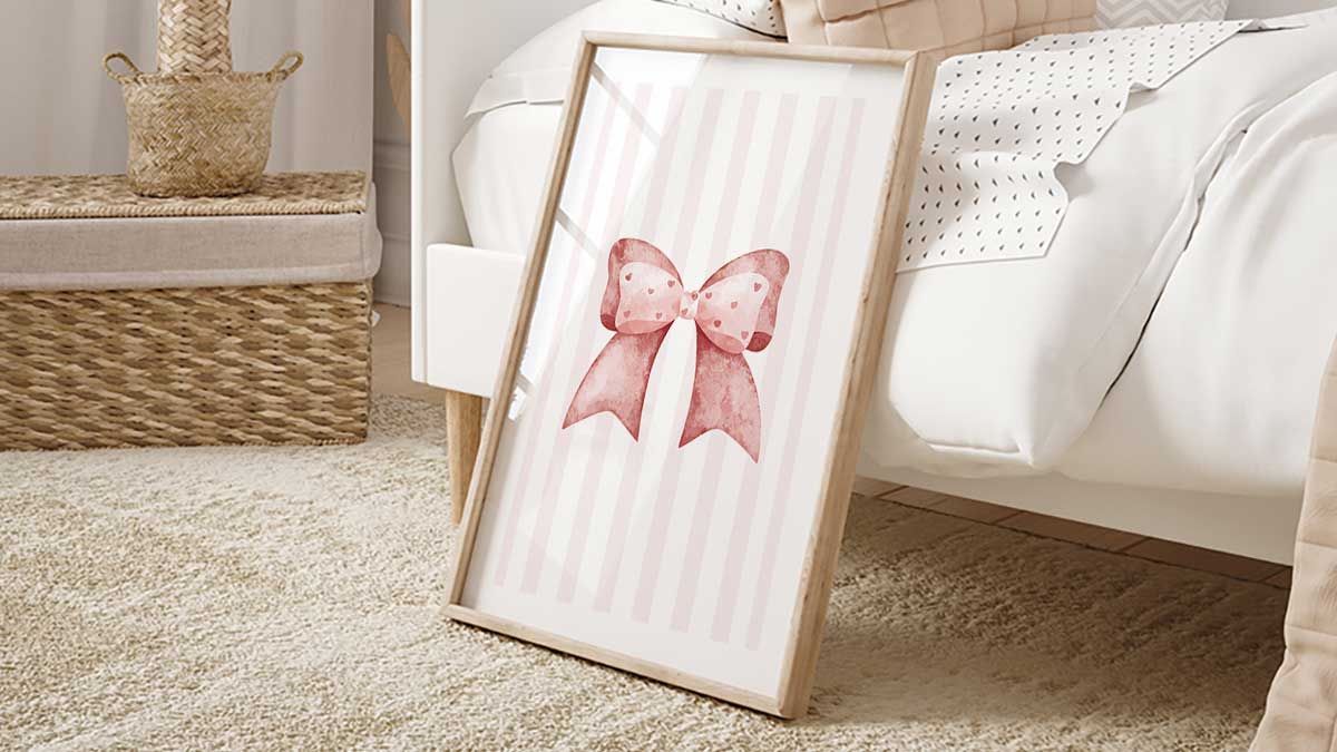 Collection of bow wall art prints for nursery, girls bedroom and soft feminine decor