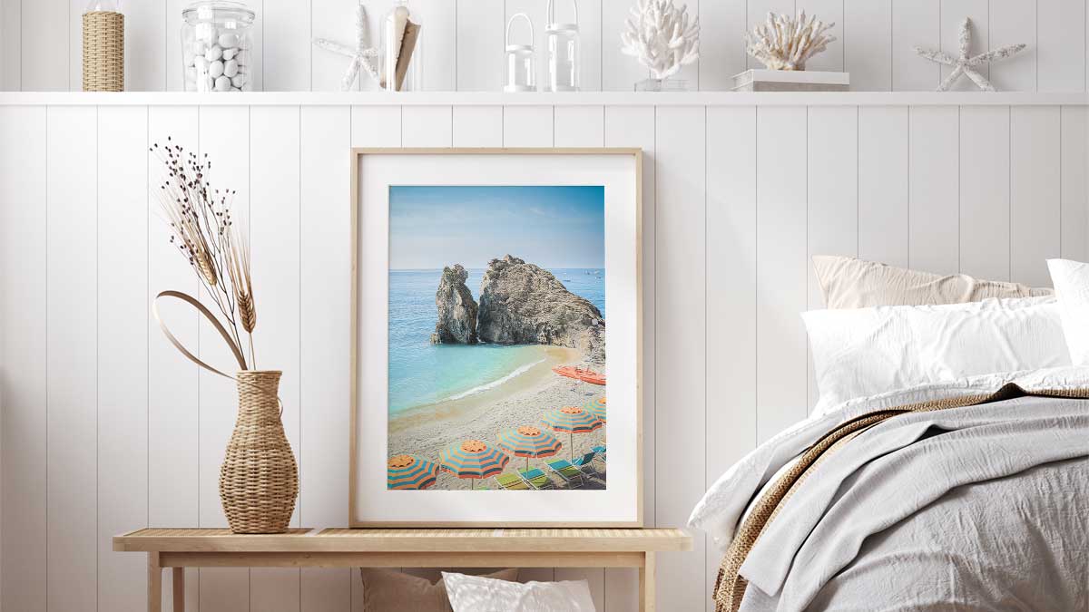 Mediterranean wall art collection featuring coastal beach scenes and European travel views