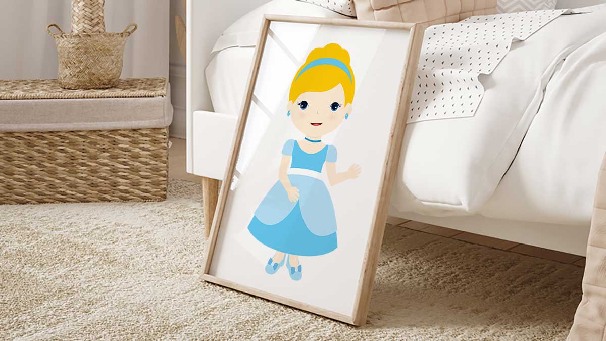 Personalised princess wall art print for girls featuring fairy-tale characters and cute name design for kids bedroom decor