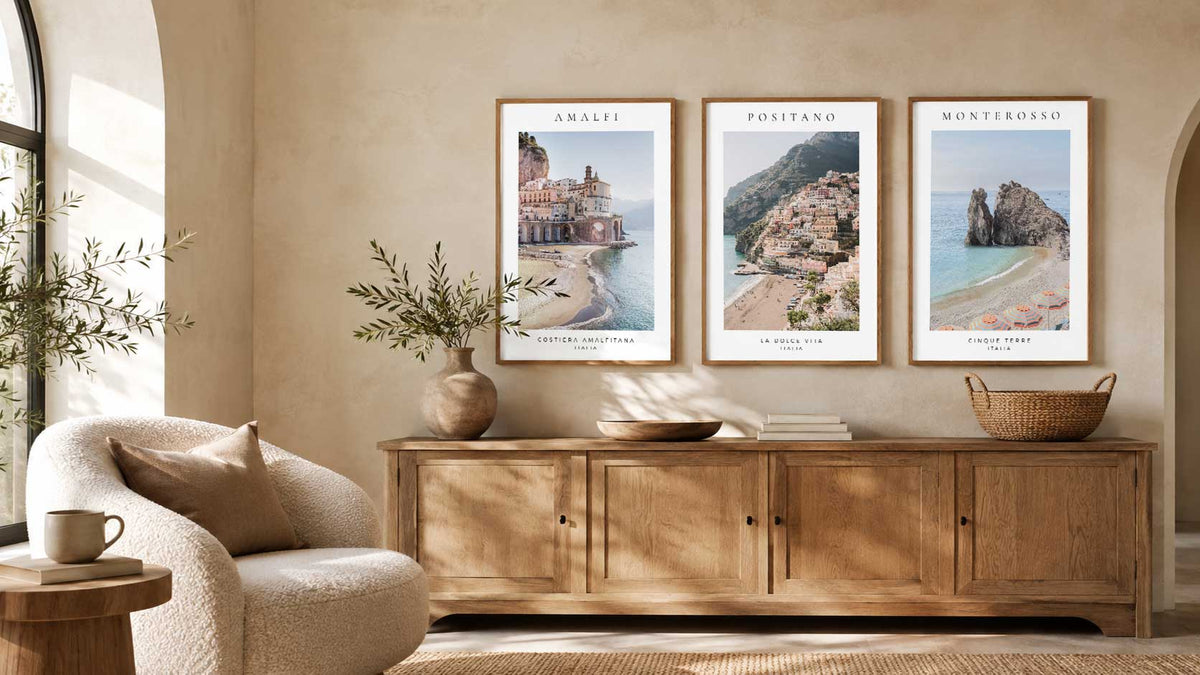 Coordinated three-piece wall art sets from the Timeless Trios collection, featuring coastal photography and floral prints.