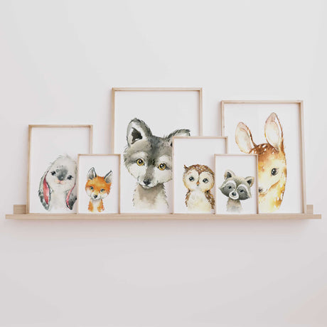 Bunny rabbit, fox, wolf, owl, raccoon and deer nursery wall art for baby room