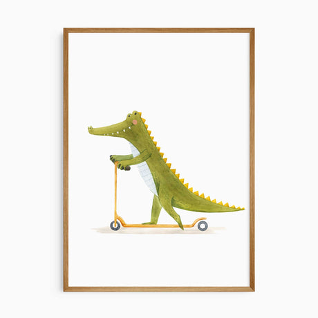 Gender-neutral nursery wall art set with a crocodile on a scooter, an elephant on a bicycle, and a giraffe on a scooter.