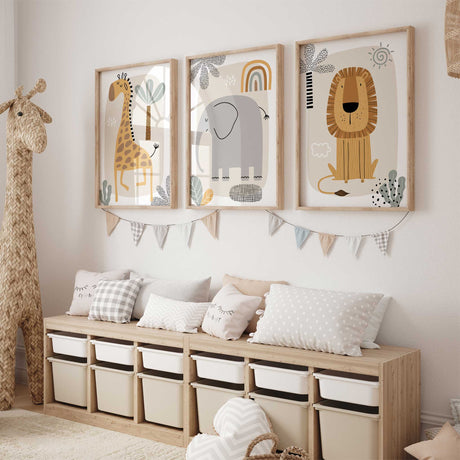 neutral safari nursery wall art set