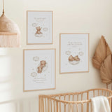 Set of three teddy bear nursery prints with Bible verses, neutral baby room wall art featuring bears sleeping on clouds 