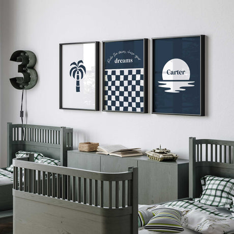 Navy and white nursery prints for kids, including personalized ocean theme, palm tree design, and inspiring wall art quote