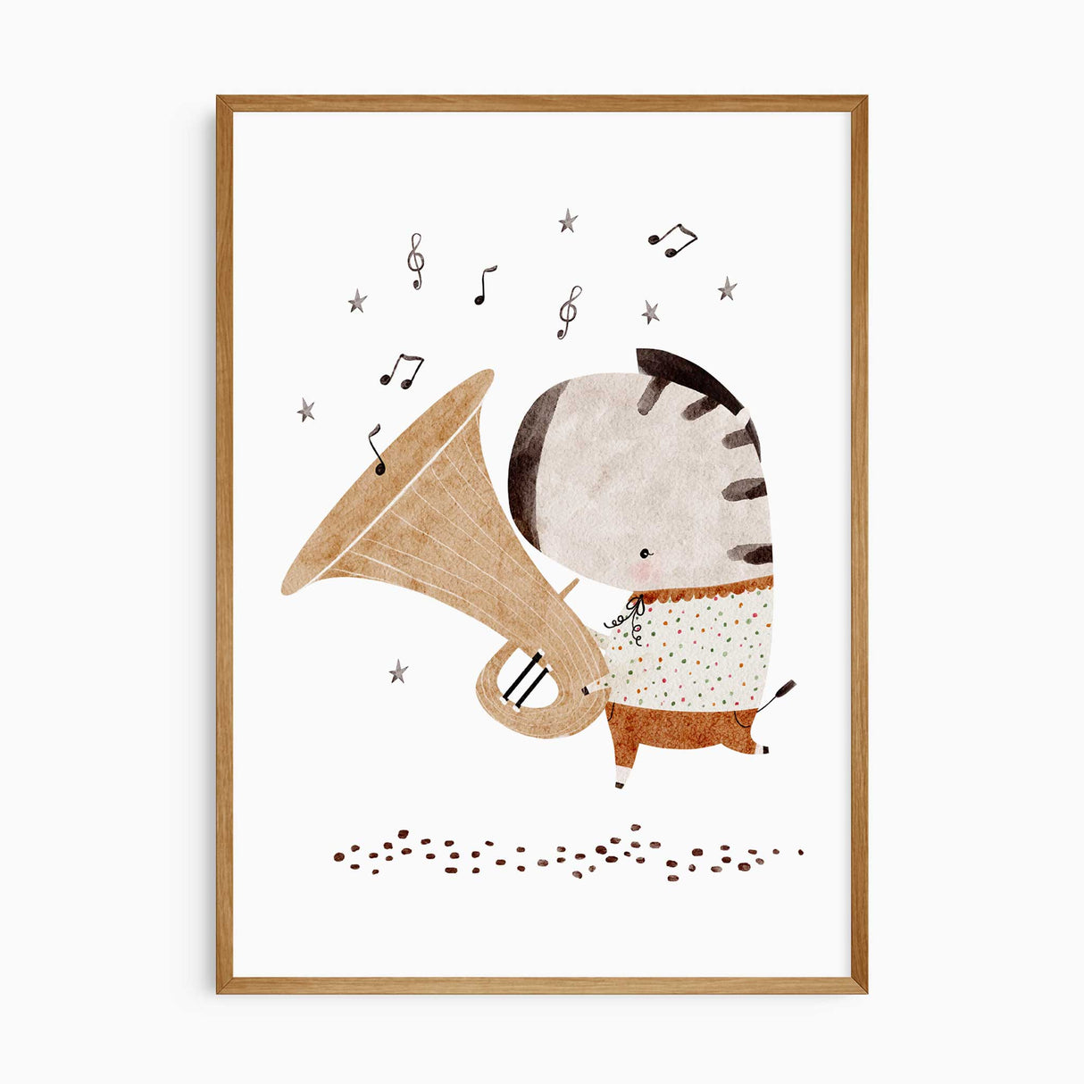 Zebra with saxophone animal wall art print for kids playroom or nursery wall display.