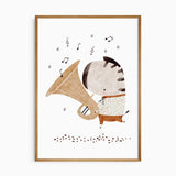 Zebra with saxophone animal wall art print for kids playroom or nursery wall display.