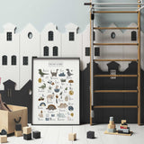 Dinosaur A to Z print in earthy neutral colours, an educational wall print for toddlers learning their letters