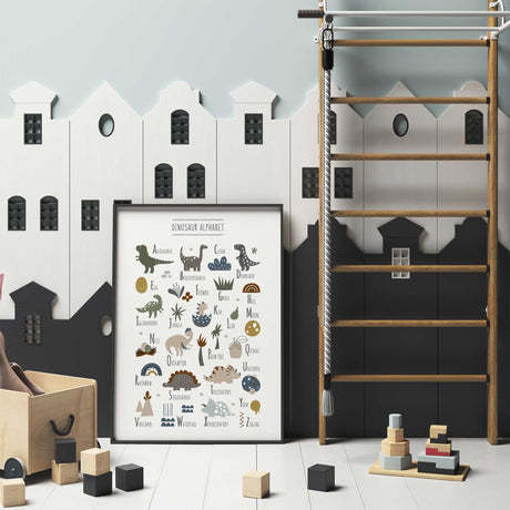 Dinosaur A to Z print in earthy neutral colours, an educational wall print for toddlers learning their letters