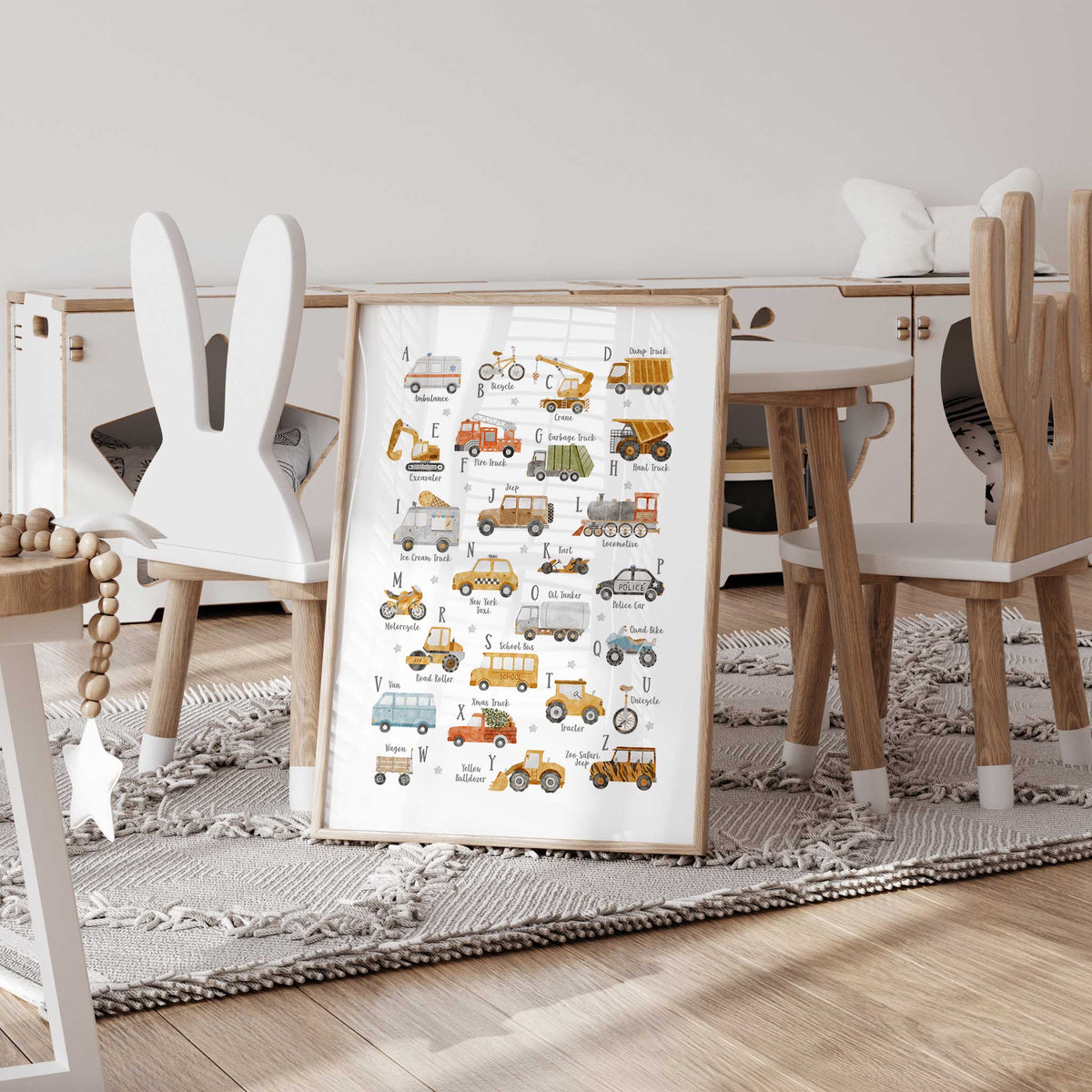 A to Z vehicle print with labelled watercolour transport illustrations in mustard, orange, green, blue and grey.