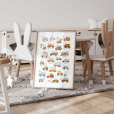 A to Z vehicle print with labelled watercolour transport illustrations in mustard, orange, green, blue and grey.