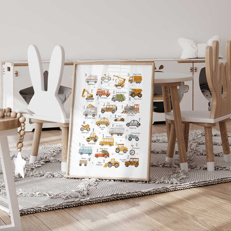 A to Z vehicle print with labelled watercolour transport illustrations in mustard, orange, green, blue and grey.