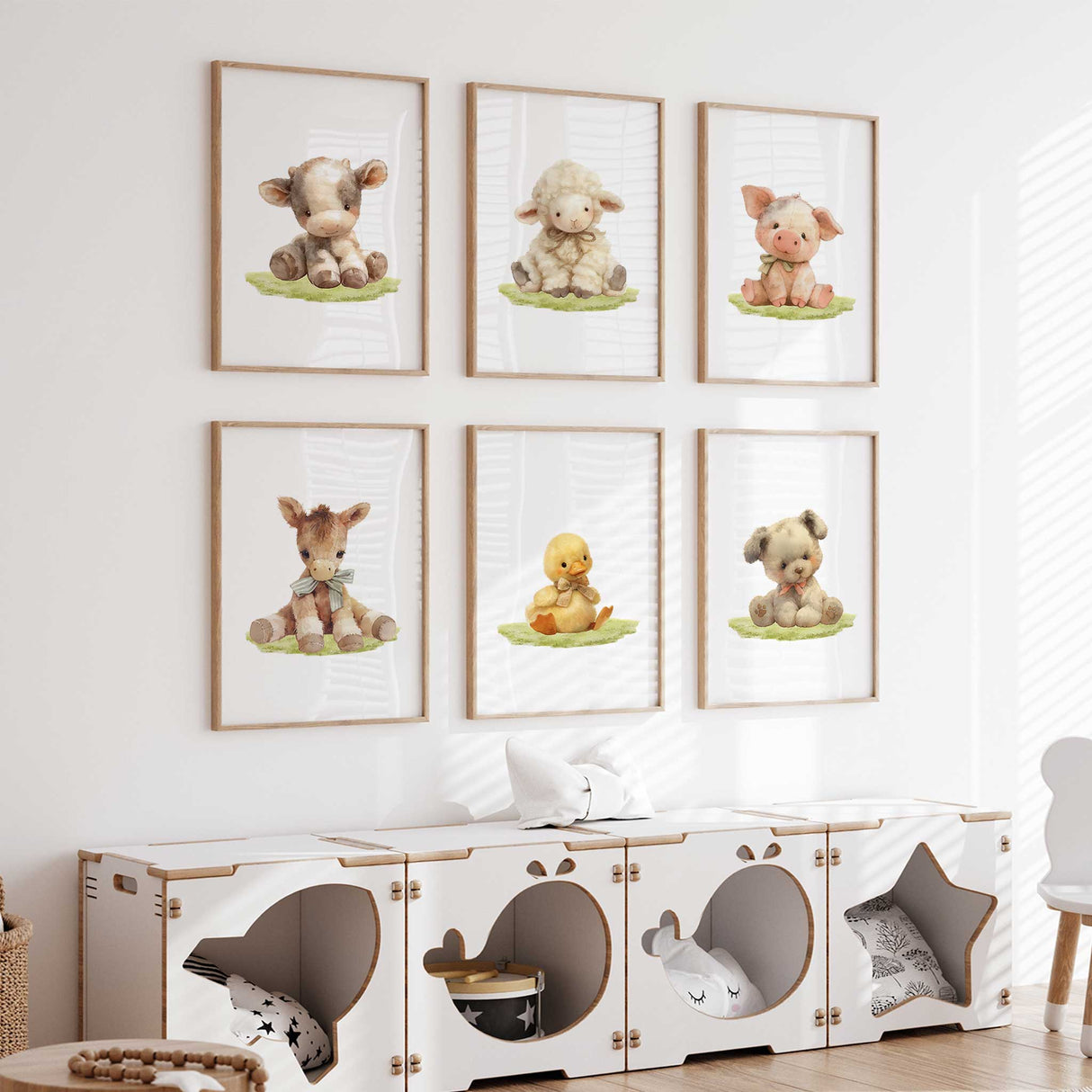 Unframed nursery wall art set featuring six prints of cute animals: cow, lamb, pig, donkey, duck, and dog. Perfect for baby showers and nursery decor.