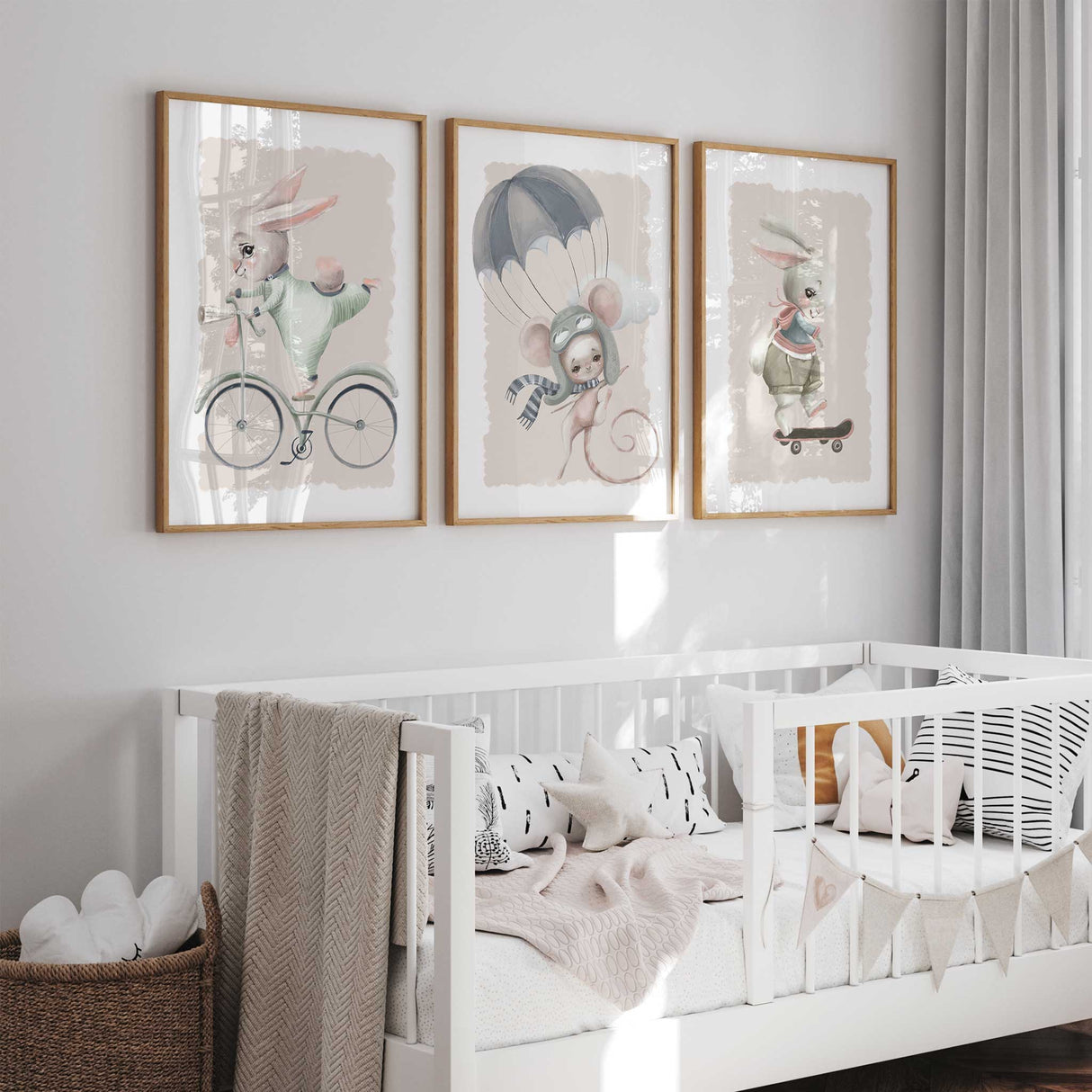 Set of three adventure animal prints featuring bunny mouse and bunny characters for nursery walls