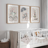 Set of three adventure animal prints featuring bunny mouse and bunny characters for nursery walls