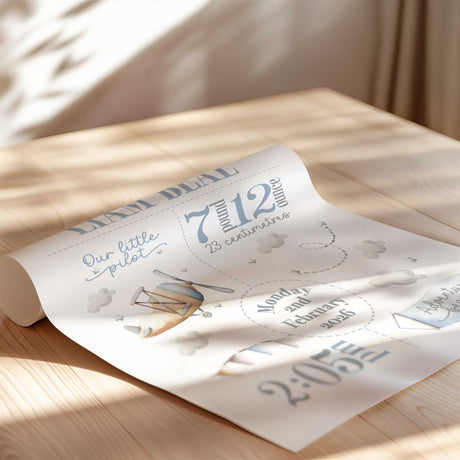Aeroplane baby boy birth print with Our Little Pilot wording and personalised newborn name, date, time, weight and length
