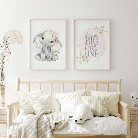 safari elephant nursery prints set with baby elephant and quote artwork