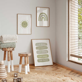 Sage green affirmation wall art set for kids