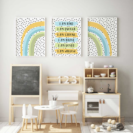 Uplifting wall art for children featuring “I am” statements