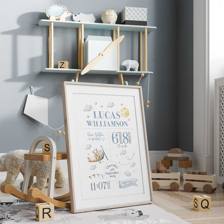 Nursery airplane print personalised with baby name date time weight and length