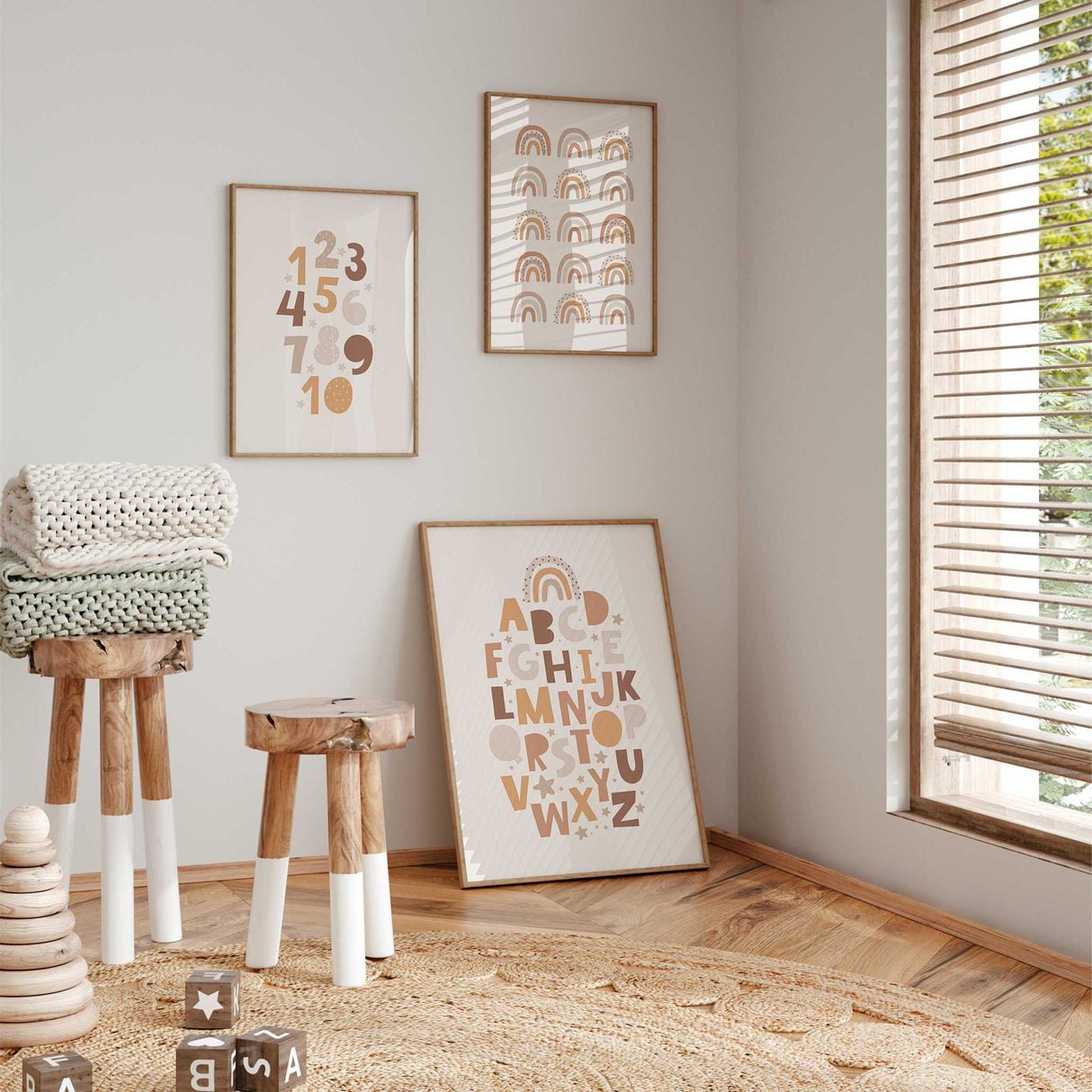 playroom wall art featuring an alphabet and numbers posters with rainbow