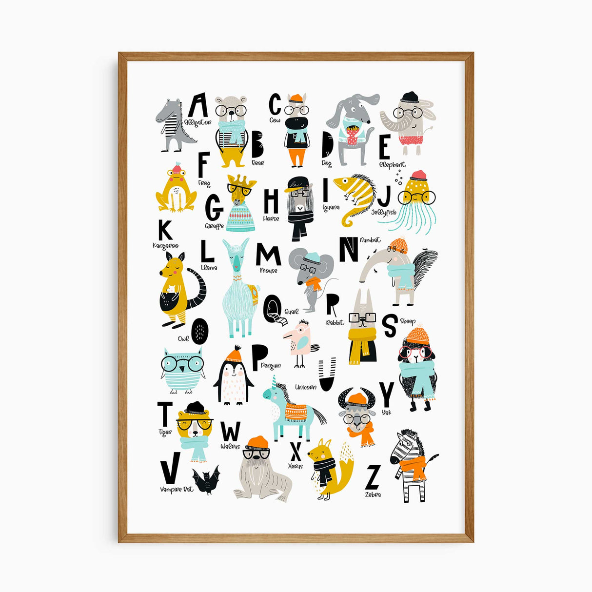 Alphabet animals wall art print featuring A to Z illustrated animals for toddlers