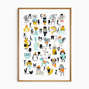 Alphabet animals wall art print featuring A to Z illustrated animals for toddlers
