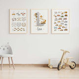Alphabet and numbers wall art set with construction vehicles and personalised name print for a kids playroom