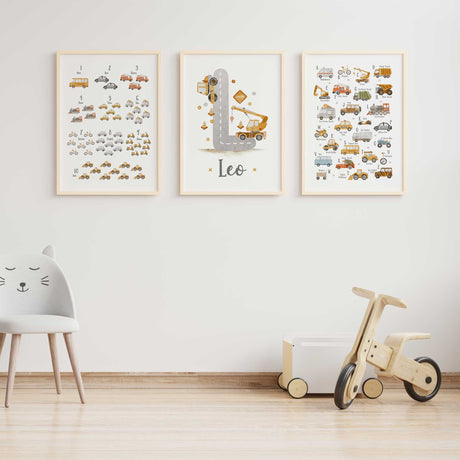 Alphabet and numbers wall art set with construction vehicles and personalised name print for a kids playroom