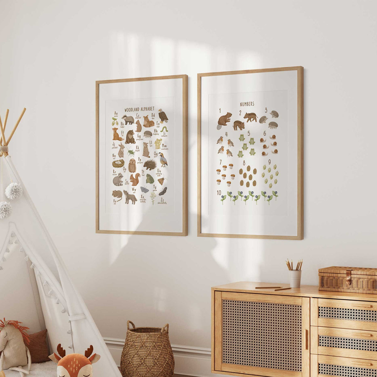 Alphabet and numbers wall art set with woodland animals, birds, insects and nature details in soft earthy tones