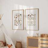 Alphabet and numbers wall art set with woodland animals, birds, insects and nature details in soft earthy tones