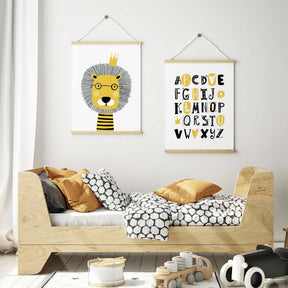 Alphabet playroom wall art set with lion character and letter print