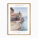 Amalfi Coast photography print with pastel waterfront buildings, a curved beach and blue sea beneath an Amalfi heading.