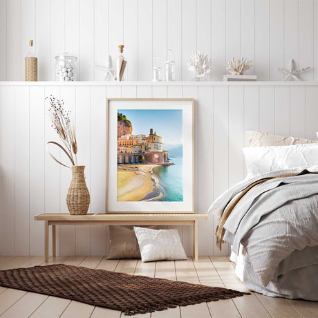 Amalfi Coast travel photography wall art featuring pastel buildings and ocean waves