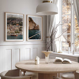 Amalfi Coast wall art set featuring Positano cliffside buildings, traditional boats and deep blue Mediterranean water