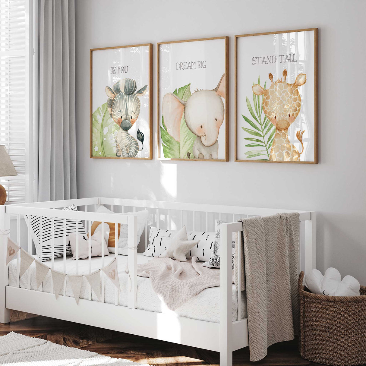 Animal affirmation nursery wall art with stand tall be you dream big quotes