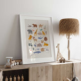 Animal alphabet nursery wall art print featuring A to Z animals in soft neutral tones for kids bedroom or playroom decor