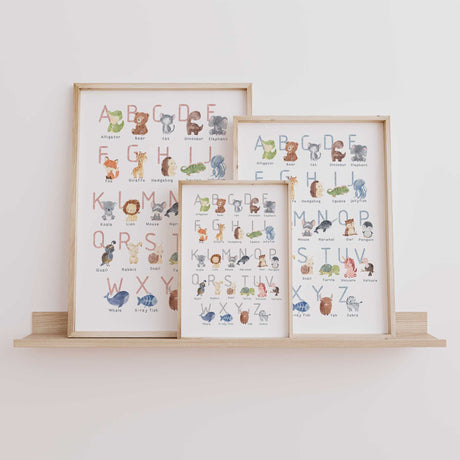 A to Z animal alphabet wall art print with cute watercolor animals and pastel letters in blue, pink, or grey