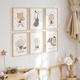 Animal band wall art set featuring six safari animals playing instruments, ideal for nursery or kids room decor.